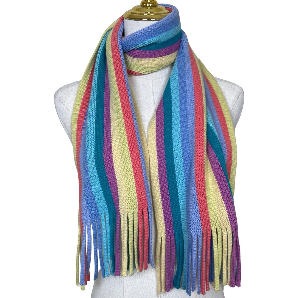 Vintage‎ Pastel Rainbow Striped Fringe Scarf 90s Y2K Boho Chic Colorful